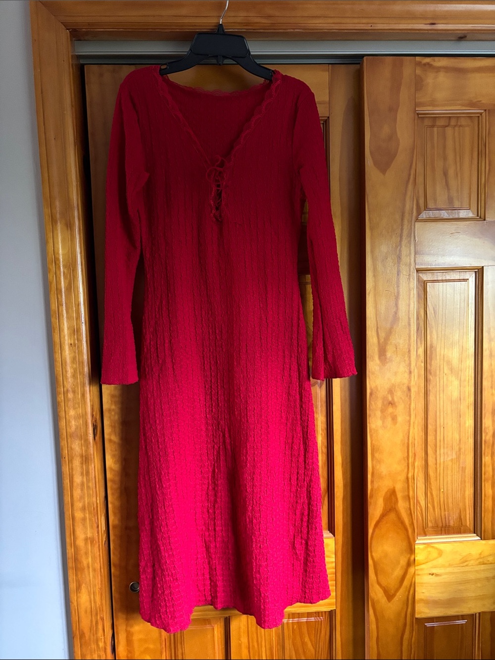SHEIN Red Long Sleeve Lace-Up Knit Midi Dress